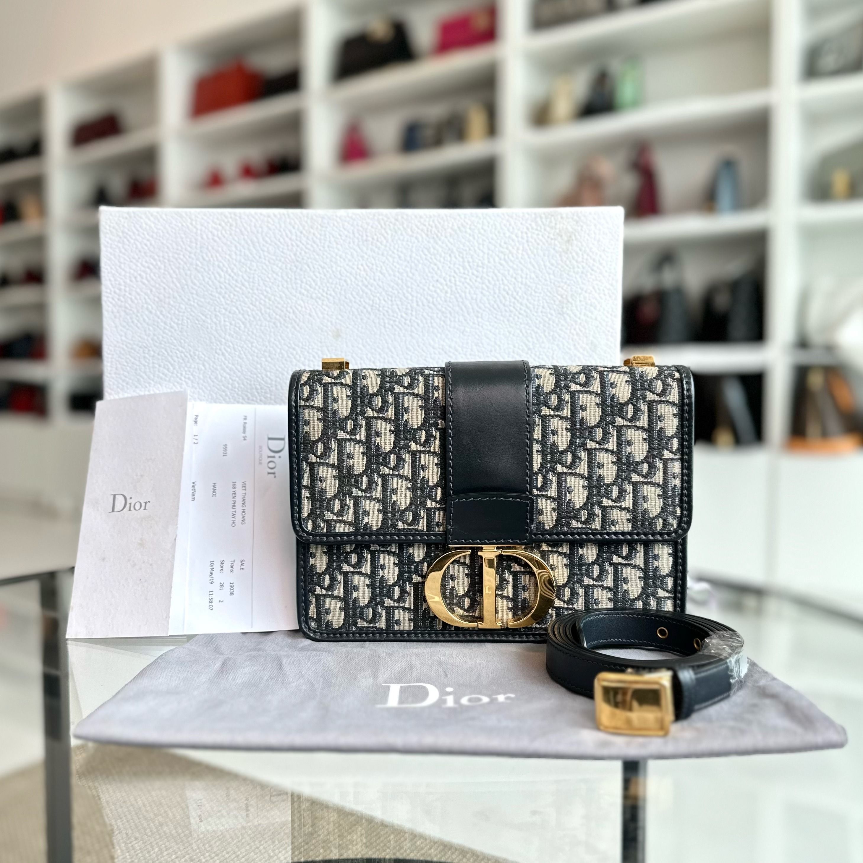 Receipt Dior Montaigne 30 Oblique Monogram Blue Shoulder Bag GHW