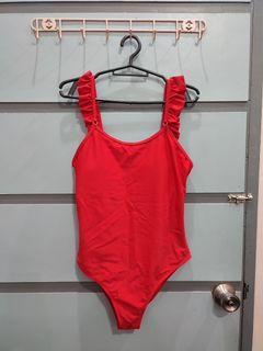 Red One Piece Swimsuit with beach skirt