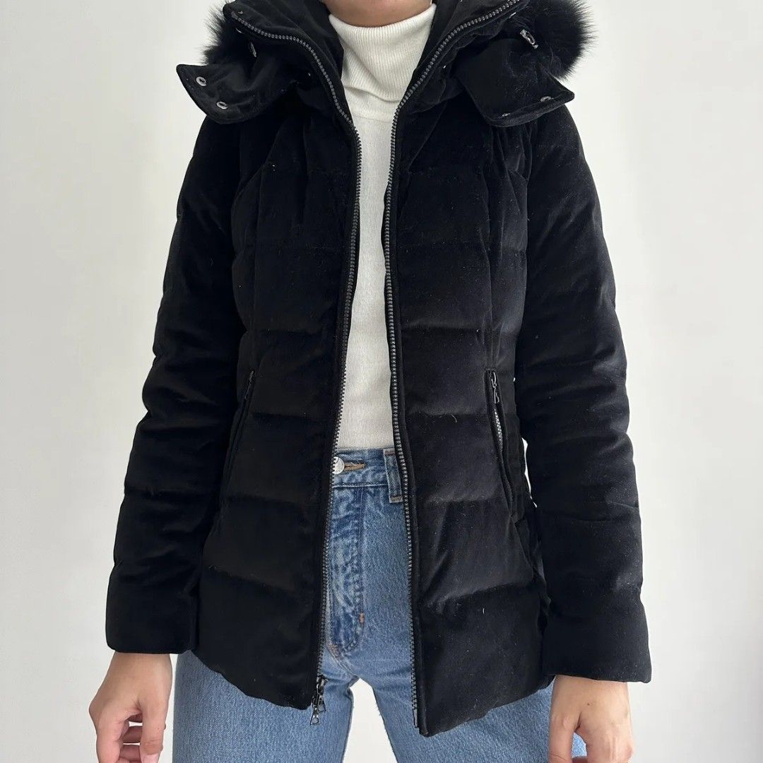 RTP 600 BNWT Trina Turk black velour down puffer jacket with fur trim down jacket Emma coat