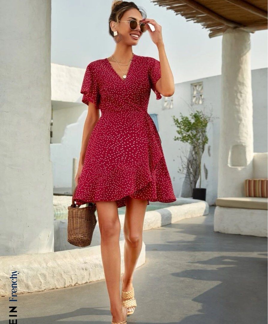 shein red dress short SHEIN MOD Women's Dark Red Summer Vintage Party Dress,Sleeveless Ruched Bust Decor Button Wrap Ruffle Hem Birthday Club Outfit,Valentine's Day Wedding Guest