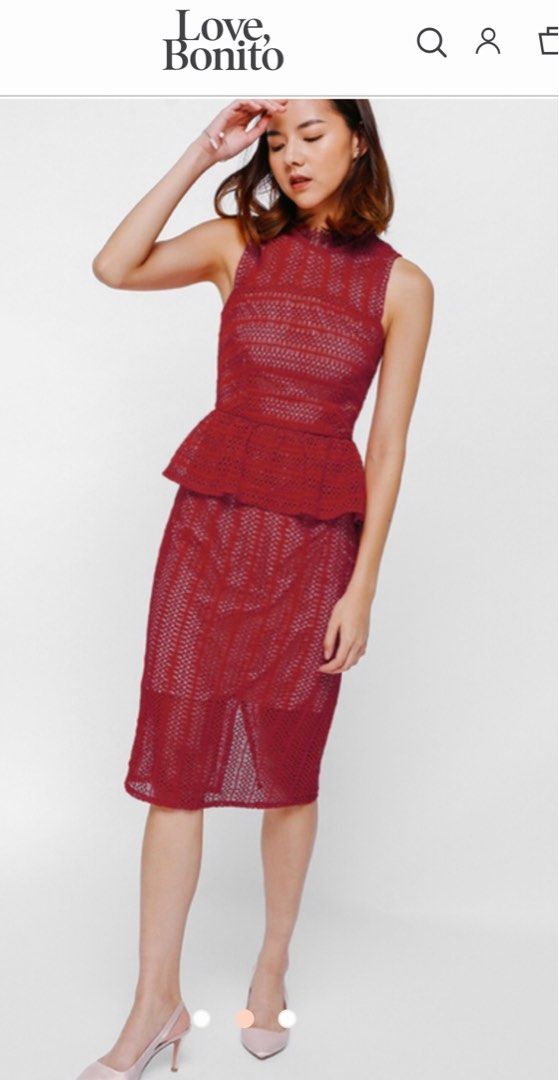 size XS S M Love Bonito Oleanda Crochet Lace Peplum Dress in red