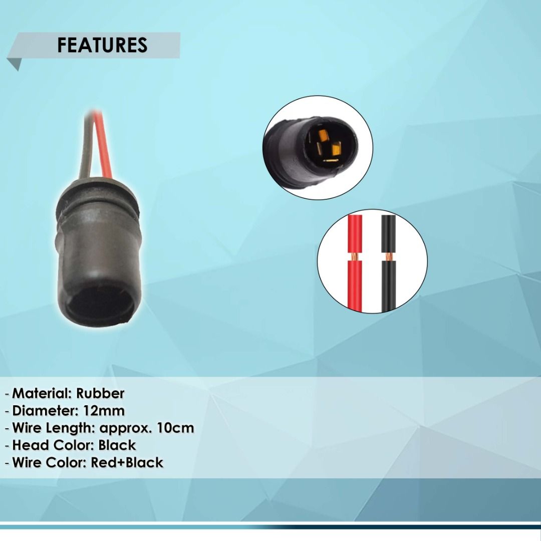 T10 W5W LIGHT BULB EXTENSION SOCKET HOLDER SOFT RUBBER PUSH-IN WEDGE (Category: Electrical, Adaptors & Sockets) located in Quezon City. Submitted by besteinpc (Listing ID 1280691543, Image 2). Description: T10 W5W LIGHT BULB EXTENSION SOCKET HOLDER SOFT RUBBER PUSH-IN WEDGE FEATURES: 👉Material: Rubber 👉Diameter: 12mm 👉Wire Length: approx. 10cm 👉Head Color: Black 👉Wire Color: Red+Black BENEFITS: 👉Fits on OEM/LED/SMD bulb socket for maximum p