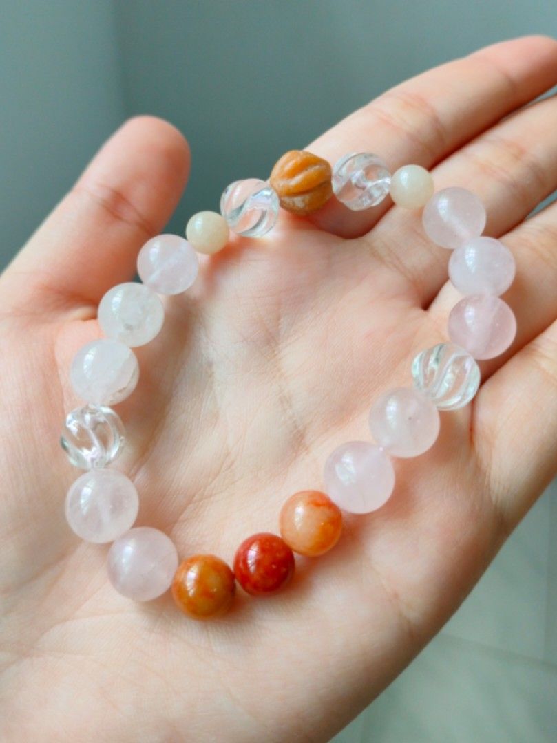 Beaded Bracelet Red Jade Clear Crystal Spiral Pink and White