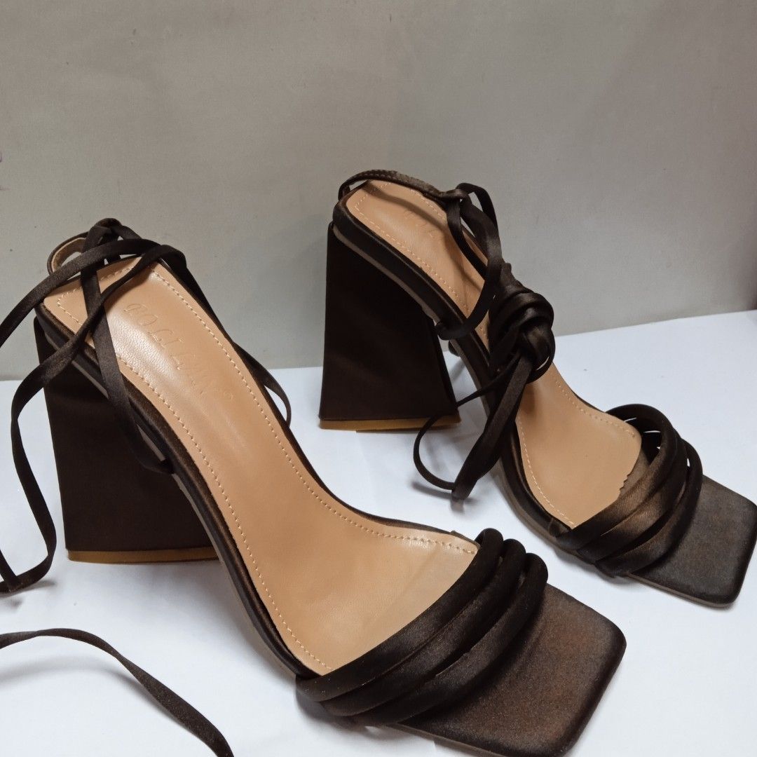 Bronze Satin Chunky Strappy Heels Size 37 Women s Fashion Footwear Heels on Carousell
