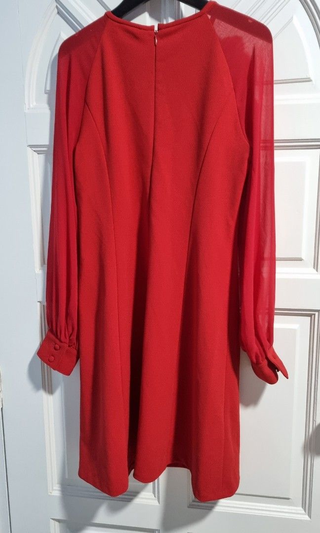 Calvin Klein Red Dress with Sheer Long Sleeves