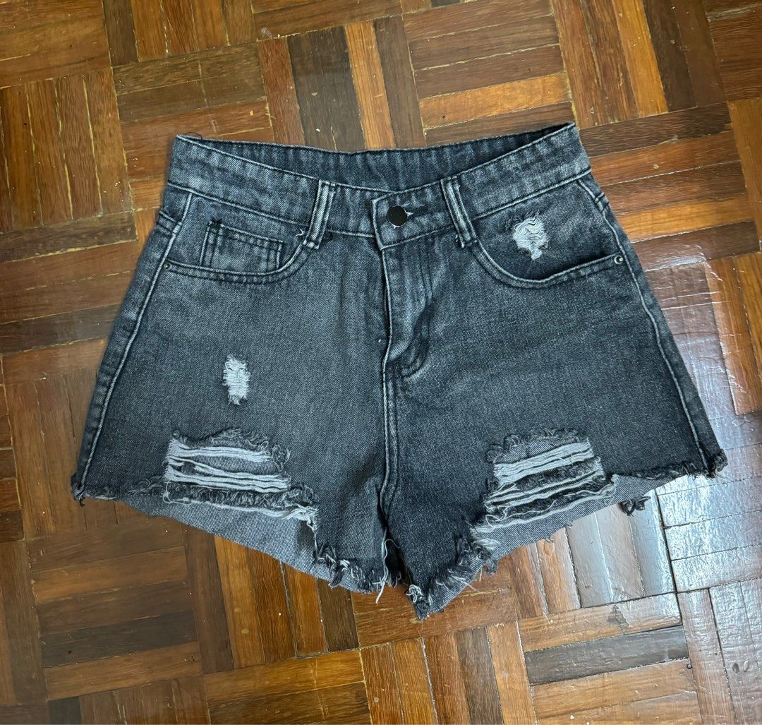 Dark grey Grunge look ripped jeans shorts Women s Fashion