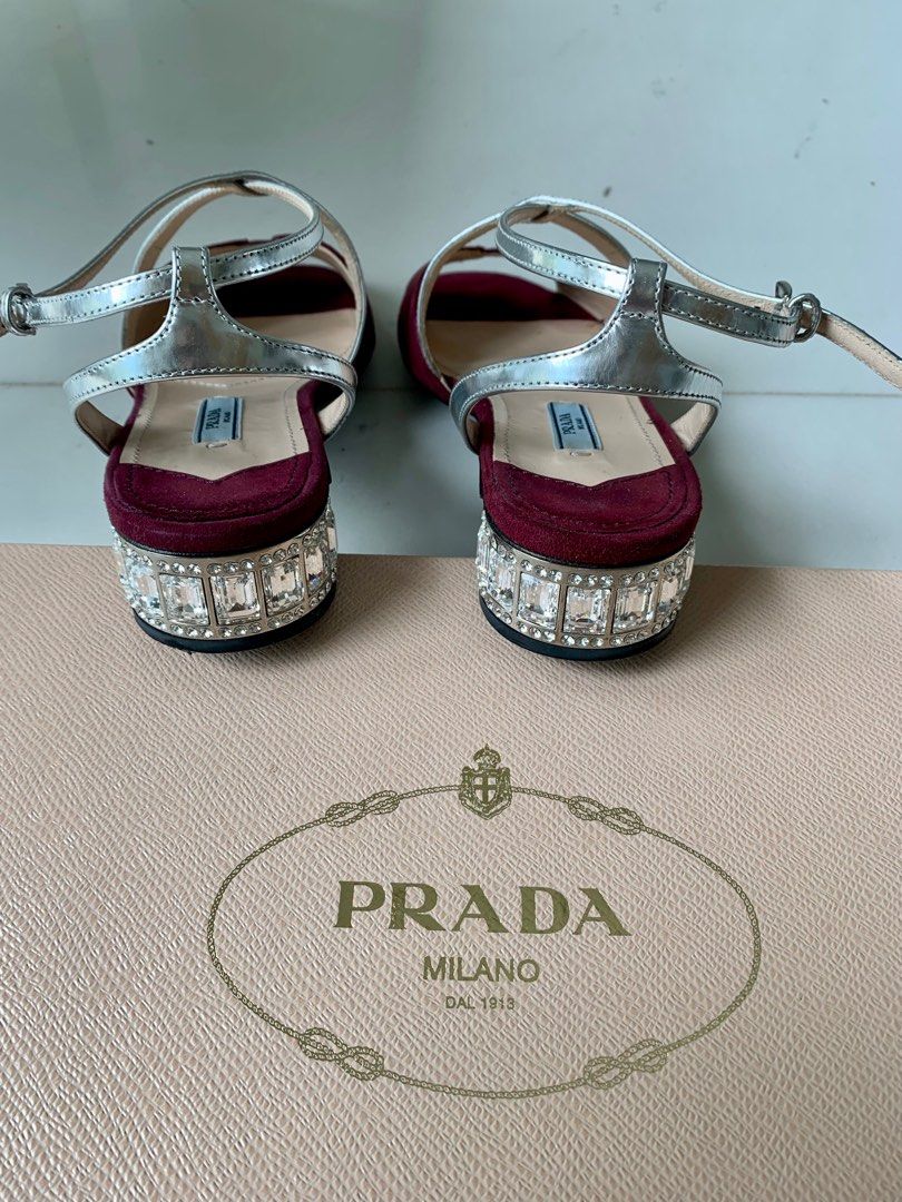 Deep red suede cocktail shoes with crystal detail on heel
