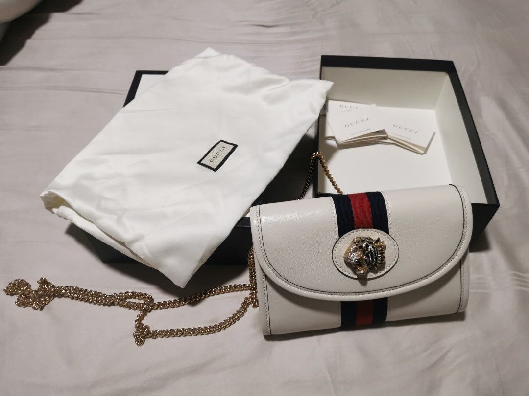 Gucci Textured Calfskin Web Mini Rajah Slim Flap Shoulder Bag Mystic White