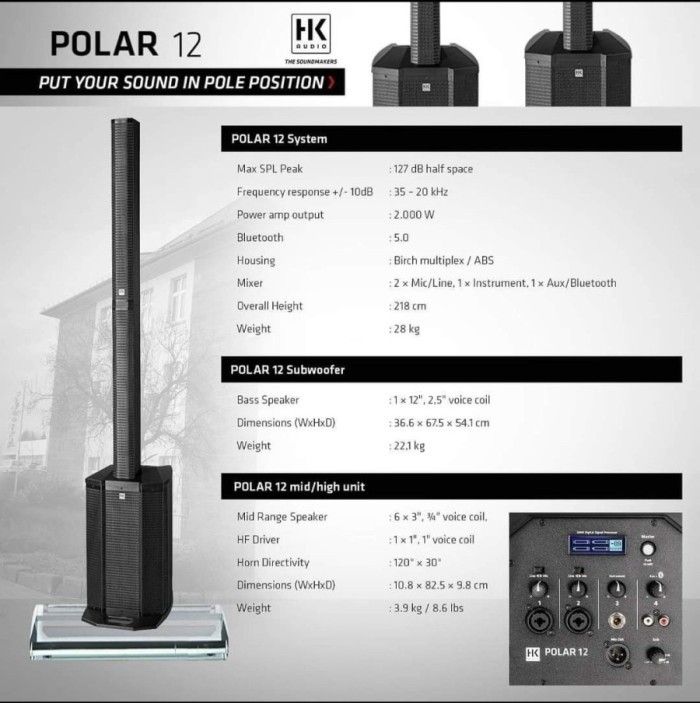 HK AUDIO POLAR 12 Two-Way 12 2000W Powered Column Array Audio