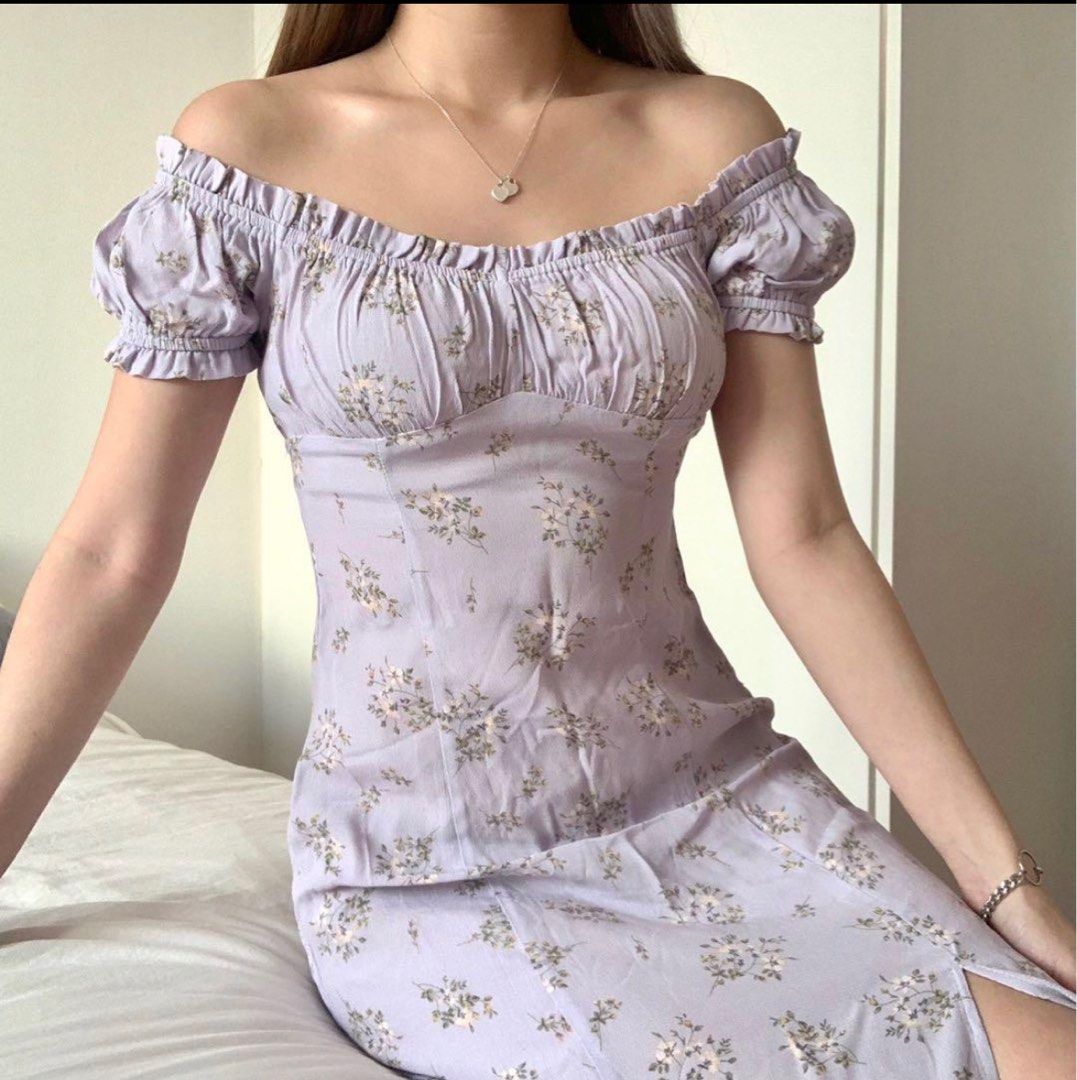h m purple lilac floral puff sleeve off shoulder thigh slit midi