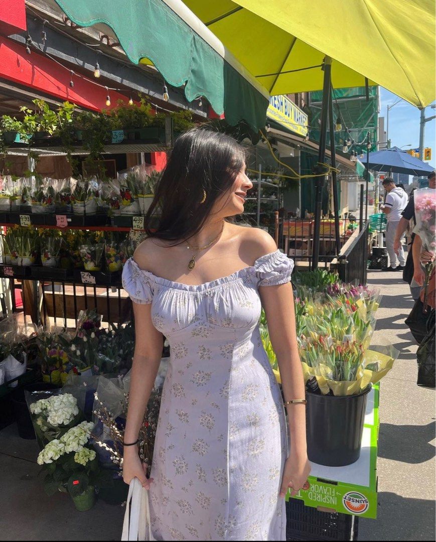h&m purple lilac floral puff sleeve off shoulder thigh slit midi dress,  Women's Fashion, Dresses & Sets, Dresses on Carousell