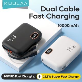 KUULAA 22.5W Power Bank 10000mAh PD Fast Charging Mini PowerBank Built in Two Cables Portable Charger External Battery for iPhone 15 14 13 12Pro Max Android