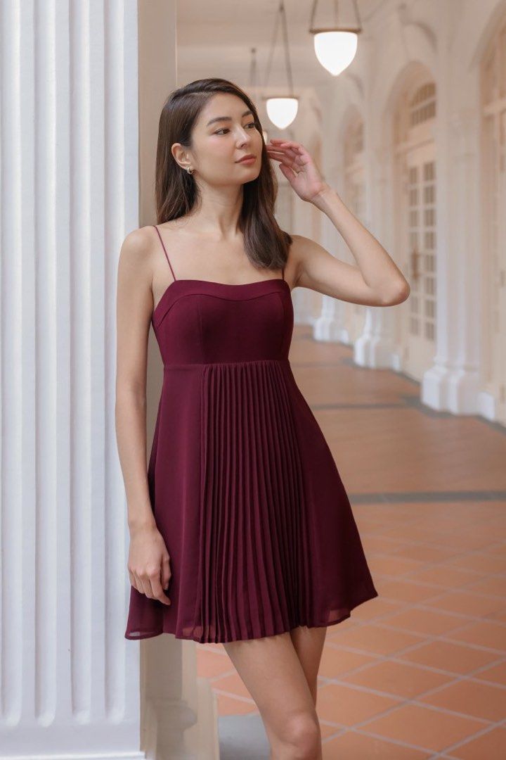 lovet venus padded pleated cami dress in wine (oos online), Women's  Fashion, Dresses & Sets, Dresses on Carousell