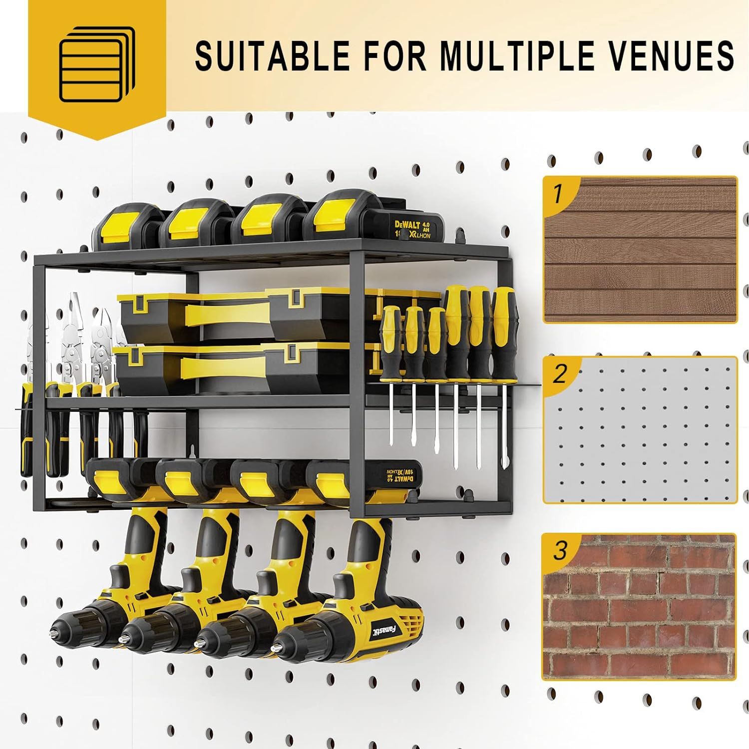 SPACECARE Heavy-Duty Wall Mount Tool Organizer - 4 Drill Holder Rack With Screwdriver & Pliers Slots, 150 Lb Capacity