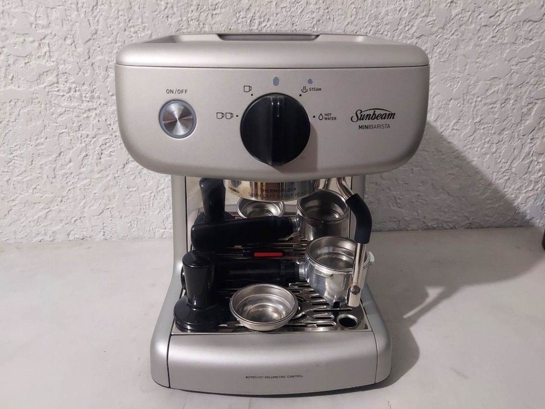Sunbeam Mini Barista (Category: Coffee Machines & Makers) located in Taytay. Submitted by mikz_1303 (Listing ID 1281109706, Image 1). Description: Sunbeam Mini Barista 📌Color : Silver 📌Model: EM4300S 📌Php 8,500 📌Porta filter 📌2 filter cup 📌Tamper 📌220V 📌Demo and Display Unit 📌Mall Pullout 📌No Issue.