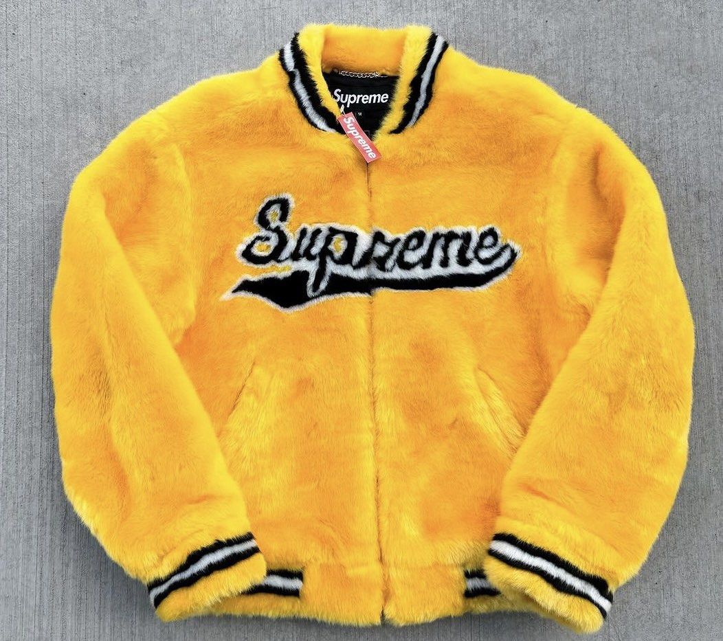 Supreme Faux Fur Varsity Jacket Yellow Mens Varsity Bomber Jacket