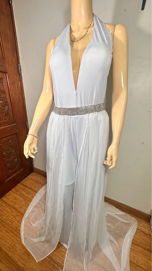 White Halter Jumpsuit Plus size Women s Fashion Dresses Sets Evening dresses gowns on Carousell