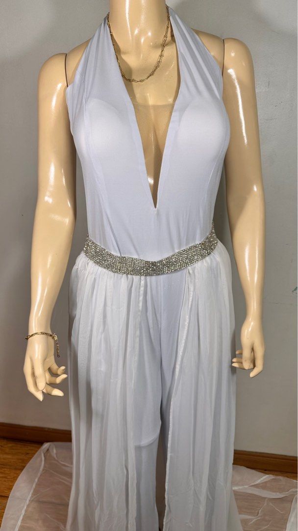 White Halter Jumpsuit Plus size Women s Fashion Dresses Sets Evening dresses gowns on Carousell