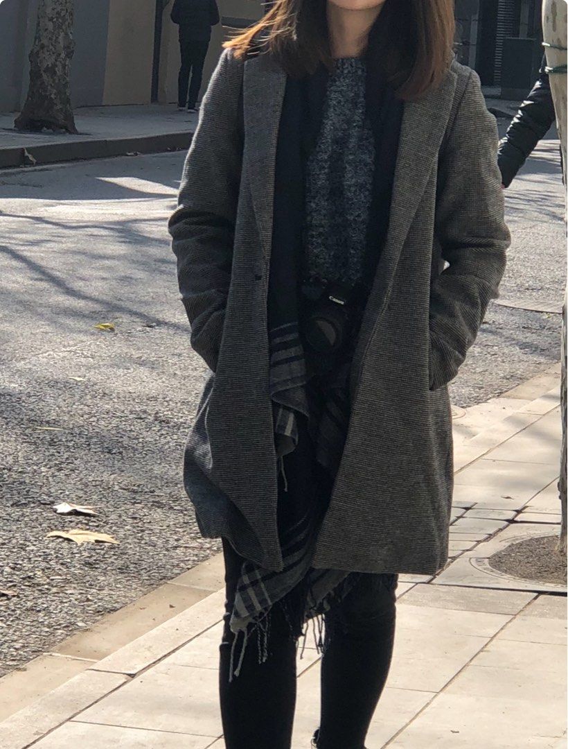 Bershka Grey Houndstooth Long Coat