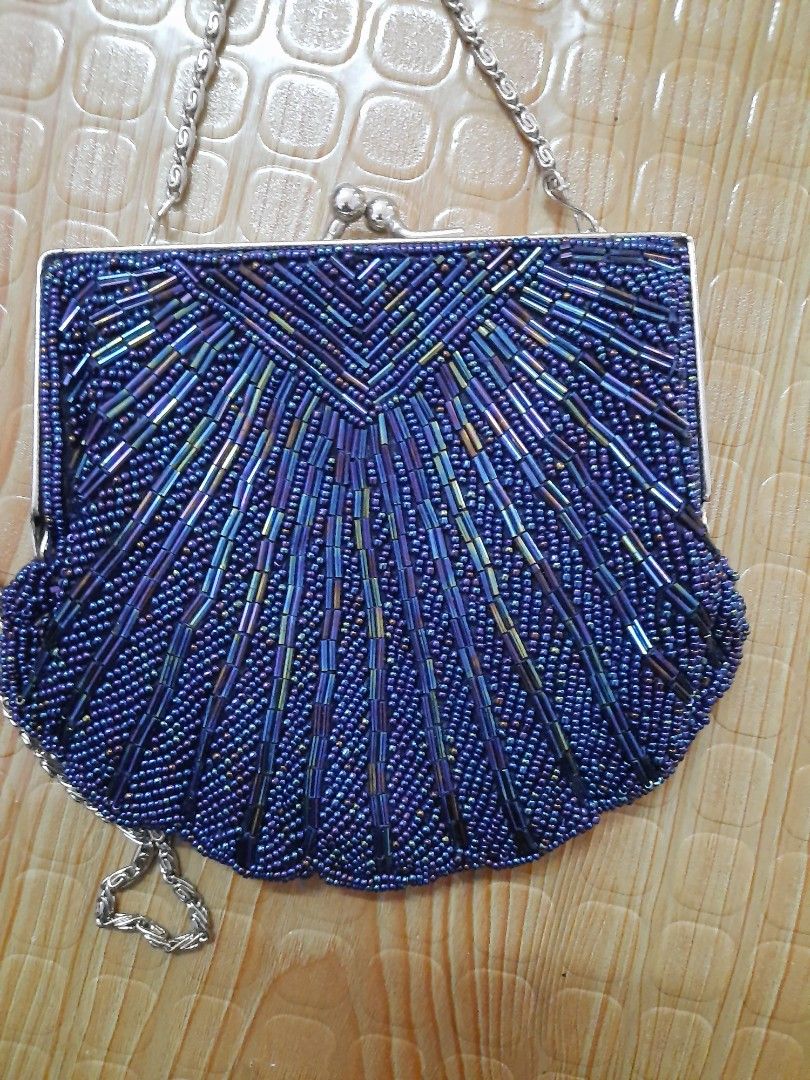 Blue Beaded Front Back Clutch Bag With Chain Strap Brand New