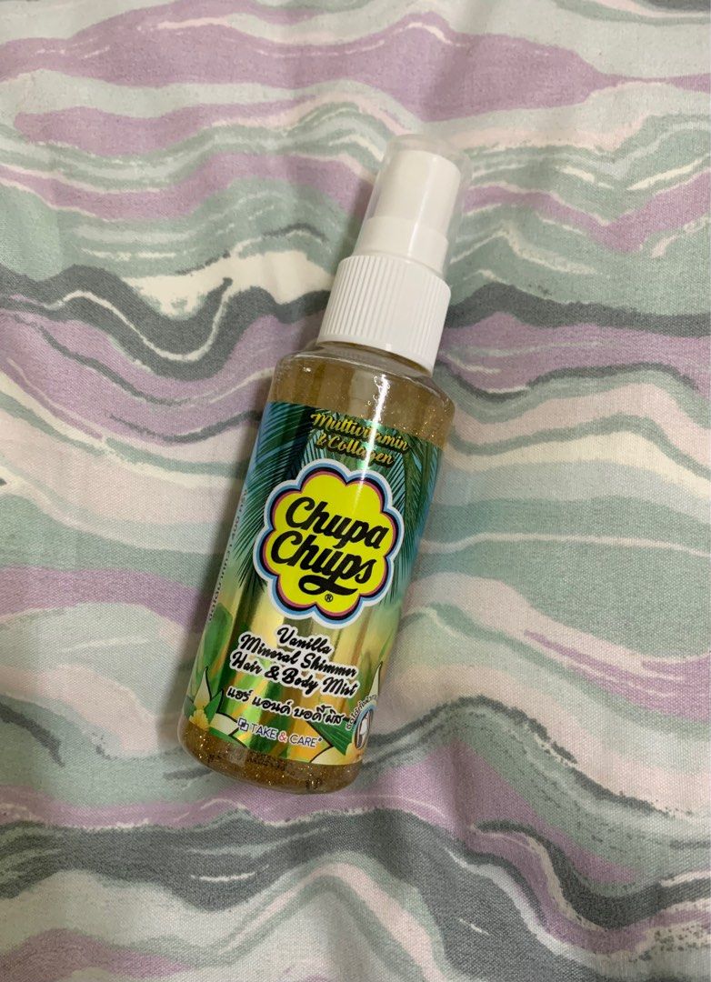 Chupachups Hair & Body Mist (Vanilla) (Category: Hair) located in Manila. Submitted by yourstrulyeli (Listing ID 1281345017, Image 1). Description: 🌸 💯 Authentic from Bangkok 🌸 Vanilla Mineral Shimmer Hair & Body mist 🌸 60ml 🌸 1pc. left.