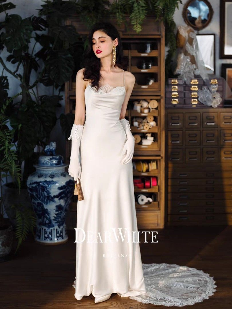 DEAR WHITE drape front light padded wedding gown cross back lace
