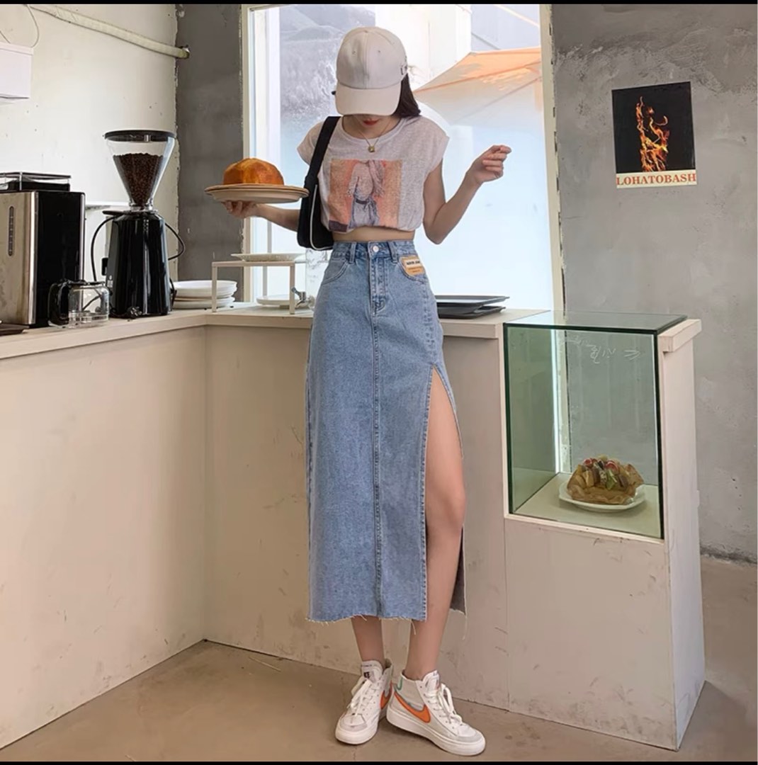 Denim Midi Skirt Women s Fashion Bottoms Skirts on Carousell