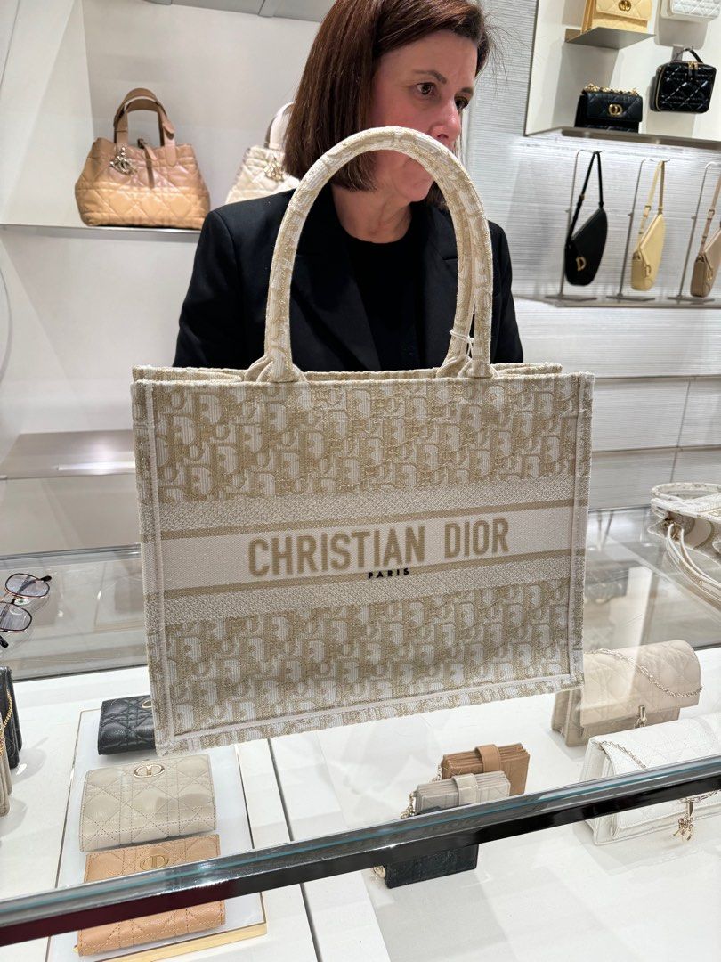 SALE DIOR MEDIUM DIOR BOOK TOTE White and Gold Tone Dior Oblique Embroidery