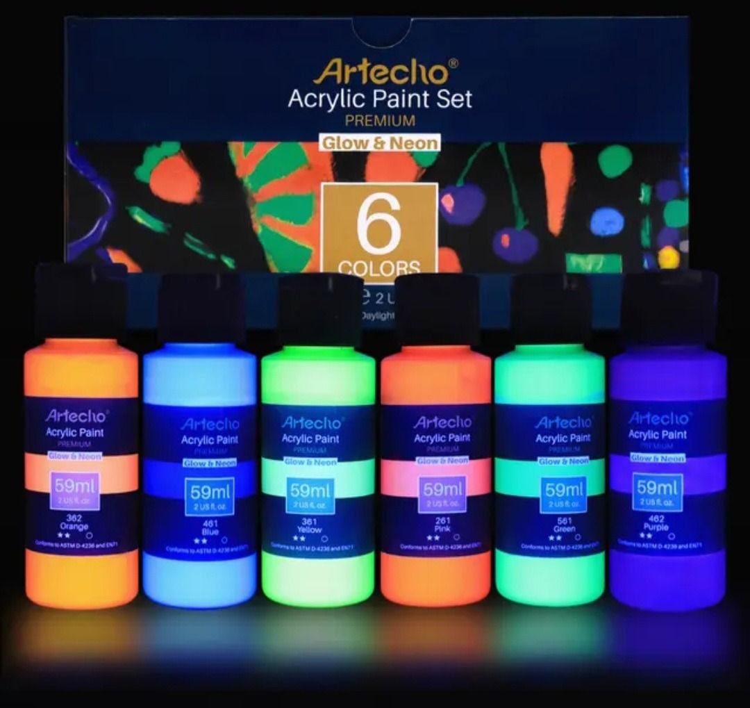 Artecho Glow in the Dark Paint Set of 6 Colors, 59ml / 2oz Acrylic