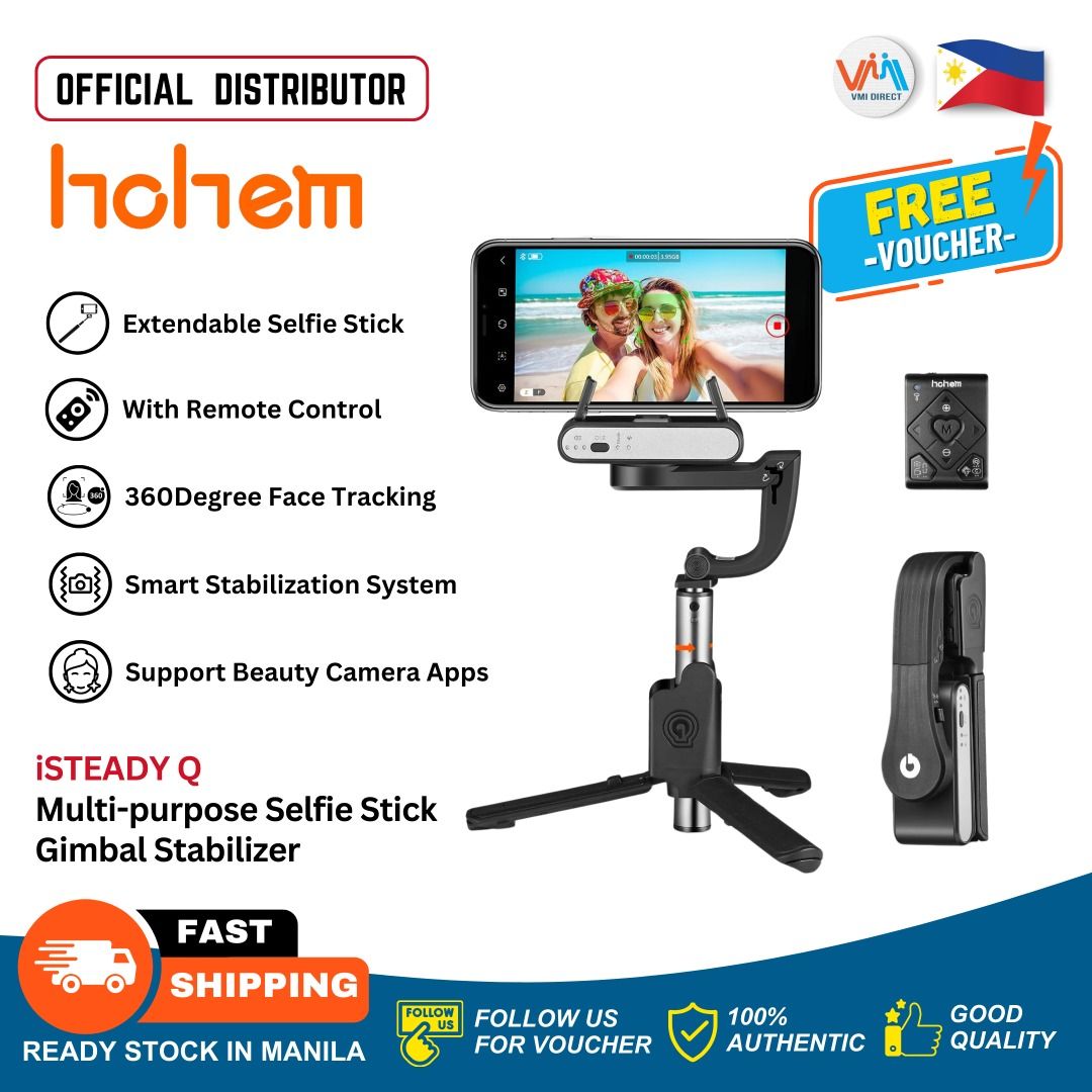 Hohem iSteady Q (Category: Gimbals & Stabilizers ) located in Manila. Submitted by vmidirect (Listing ID 1246400855, Image 1). Description: SPECIFICATION Product Type: Stabilizing Stick Model: iSteady Q Weight: 195g Material: PA&PC + ABS Dimension (mm): 140 X 54 X 36 (Folded) Color: Black, White Compatible Phones: ≤ 280g(Weight), ≤ 11mm (Thickness), 55.5mm~100mm (Width) Mechanical Range: * Pan: 360° / Roll: 360° Controllable Range: * Pan: 360° / 