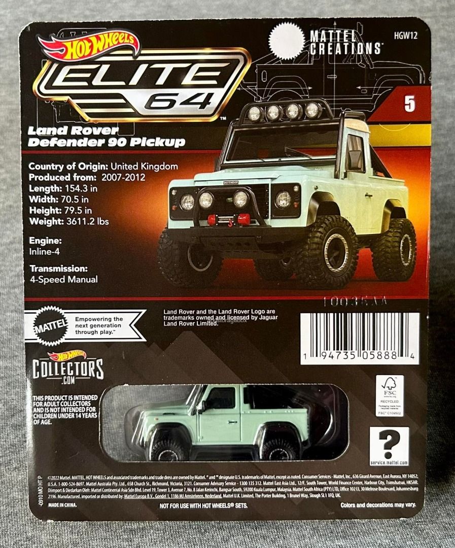 Hot Wheels Elite 64 Series Land Rover Defender 90 Pickup - Carrinhos de
