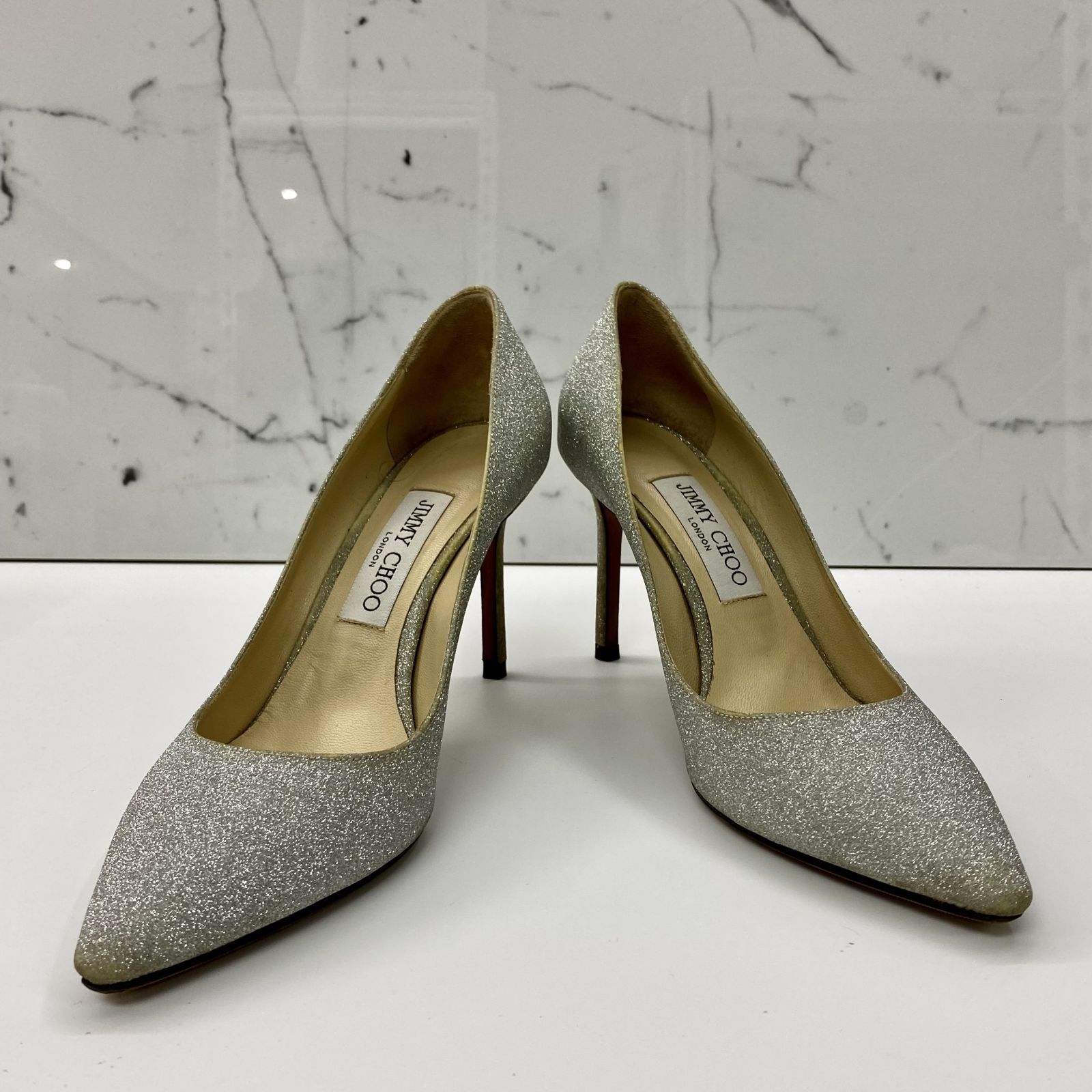 JIMMY CHOO WHITE GLITTER HEELED 38.5 PUMPS 247000503 KM