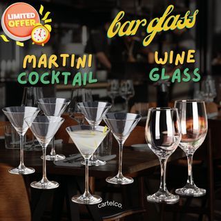 Martini glass, cocktail glass, bar glass, wine glass, water goblet, tumbler, rock glass, hi ball, juice glass, liquor glass, whiskey glass, shotglass, multi purpose glass, souvenir glass.