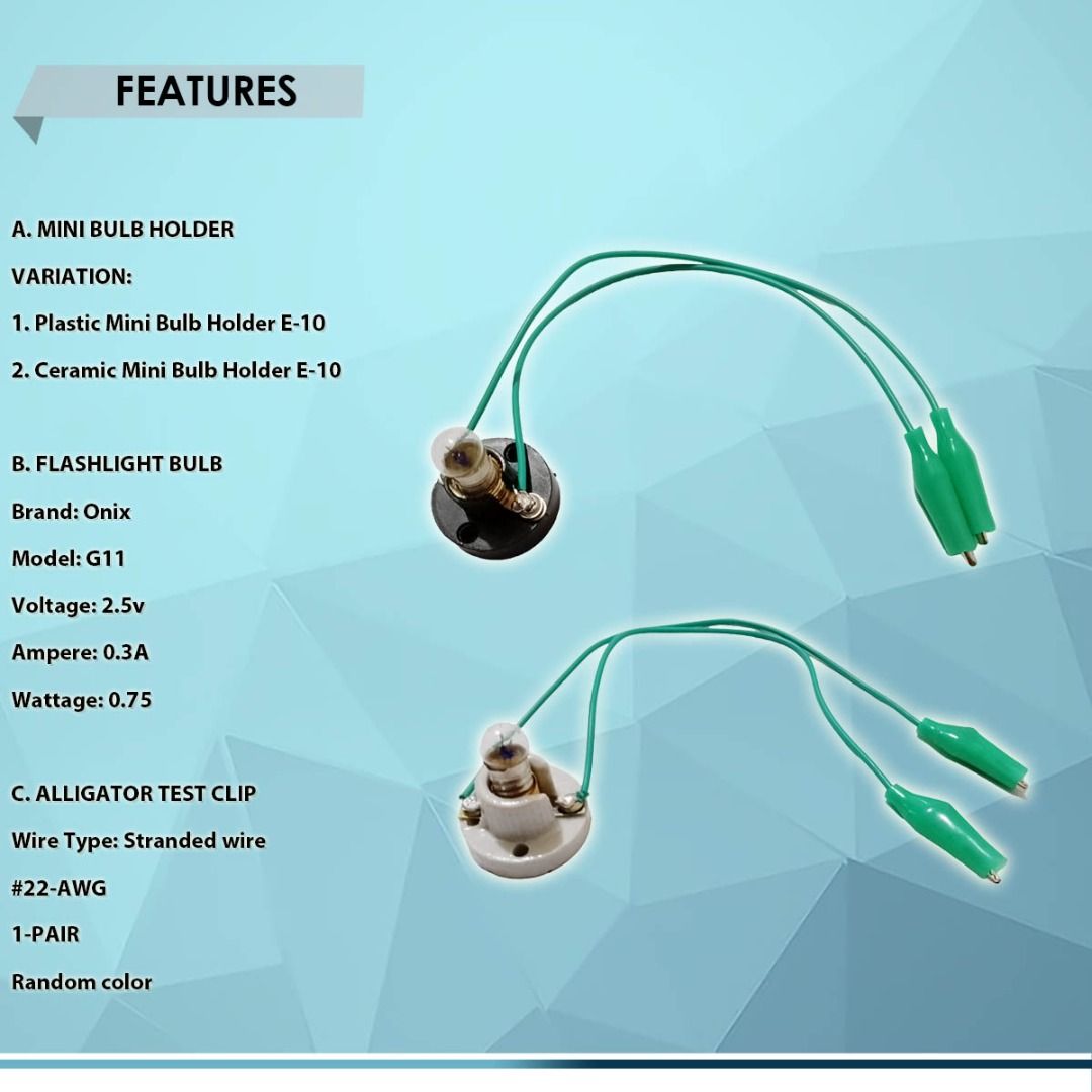 MINI BULB HOLDER + FLASHLIGHT BULB 2.5V E-10 SOCKET with ALLIGATOR TEST CLIP, FOR DIY LIGHT PROJECT (Category: Electrical, Adaptors & Sockets) located in Quezon City. Submitted by besteinpc (Listing ID 1280936344, Image 2). Description: MINI BULB HOLDER + FLASHLIGHT BULB 2.5V E-10 SOCKET with ALLIGATOR TEST CLIP, FOR DIY LIGHT PROJECT FEATURES: A. MINI BULB HOLDER VARIATION: 👉1. Plastic Mini Bulb Holder E-10 👉2. Ceramic Mini Bulb Holder E-10 B.