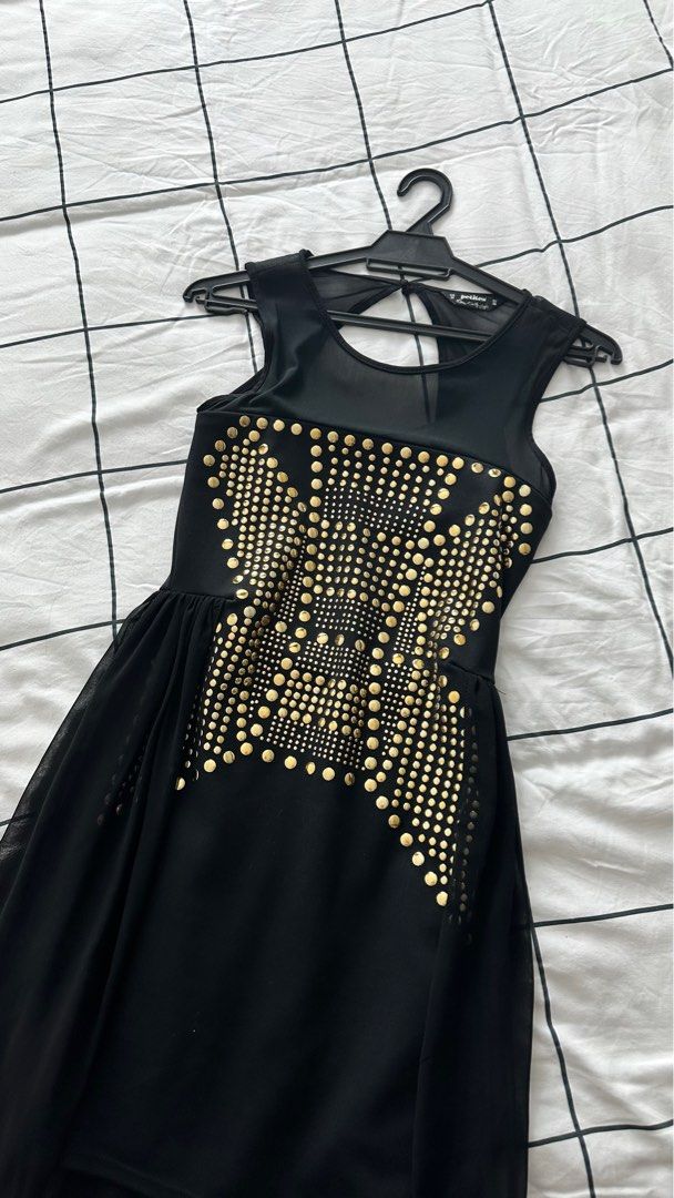 Miss Selfridge Grecian Black & Gold Studded Mini Dress with Mesh Overlay  Skirt, Women's Fashion, Dresses & Sets, Dresses on Carousell