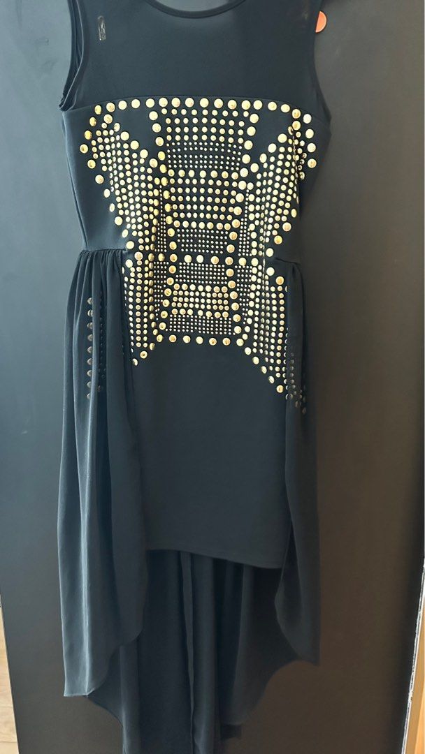 slim fit dress slacks Long Sleeve Mini Party Dress Gold Rivet Hole High Neck Black Slit