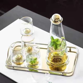 Ombre green, bronze pitcher with 4 glasses, tray