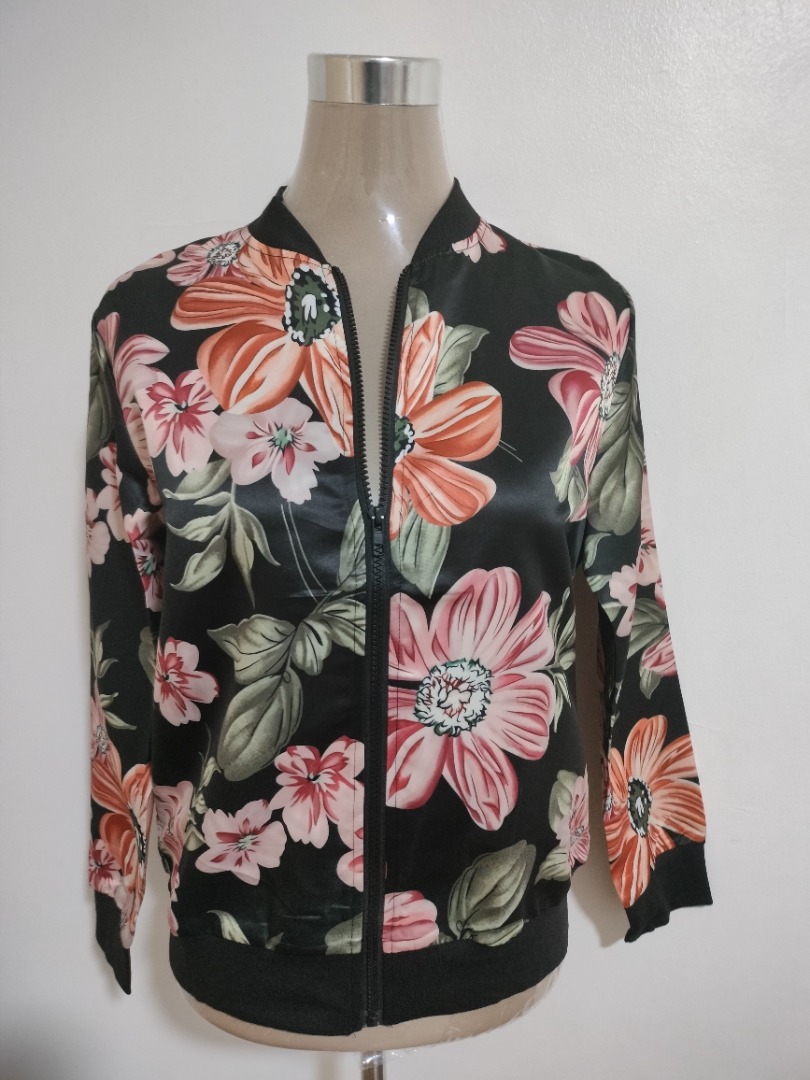 Floral Print Zip Up Contrast Collared Jacket
