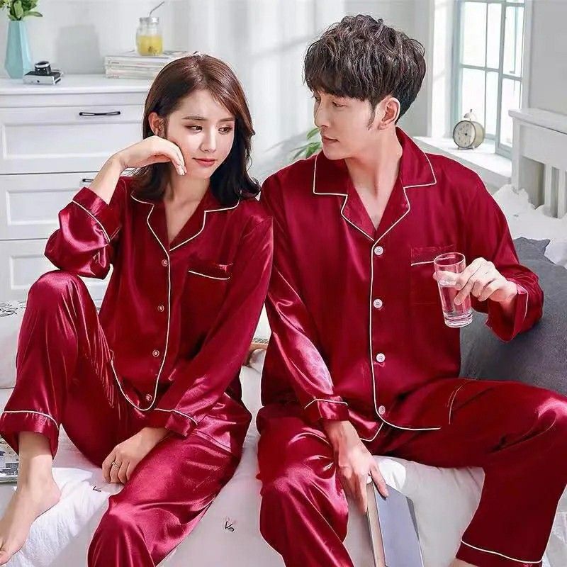 Red Wedding Ice silk couple pajamas long-sleeved festive night