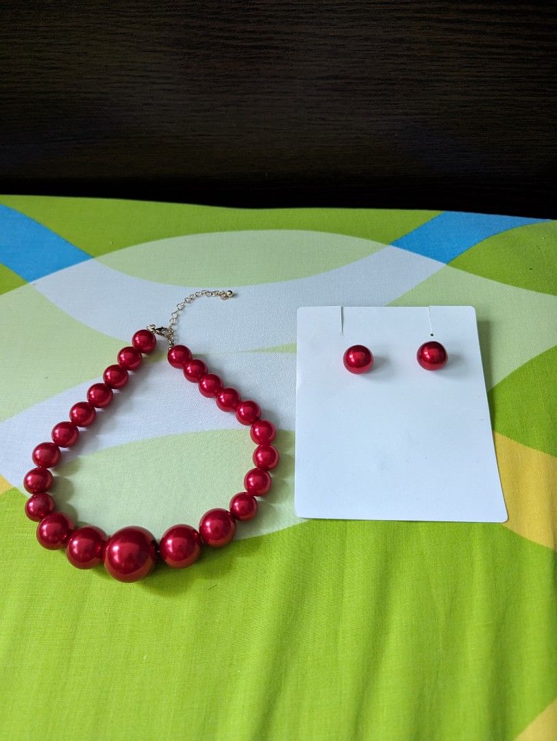 Red bead cheap necklace and earrings