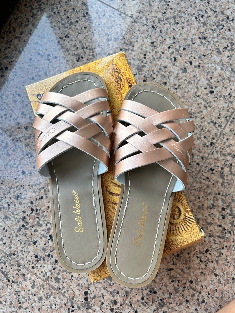 Rose gold sandal salt water slip on leather Women s Fashion