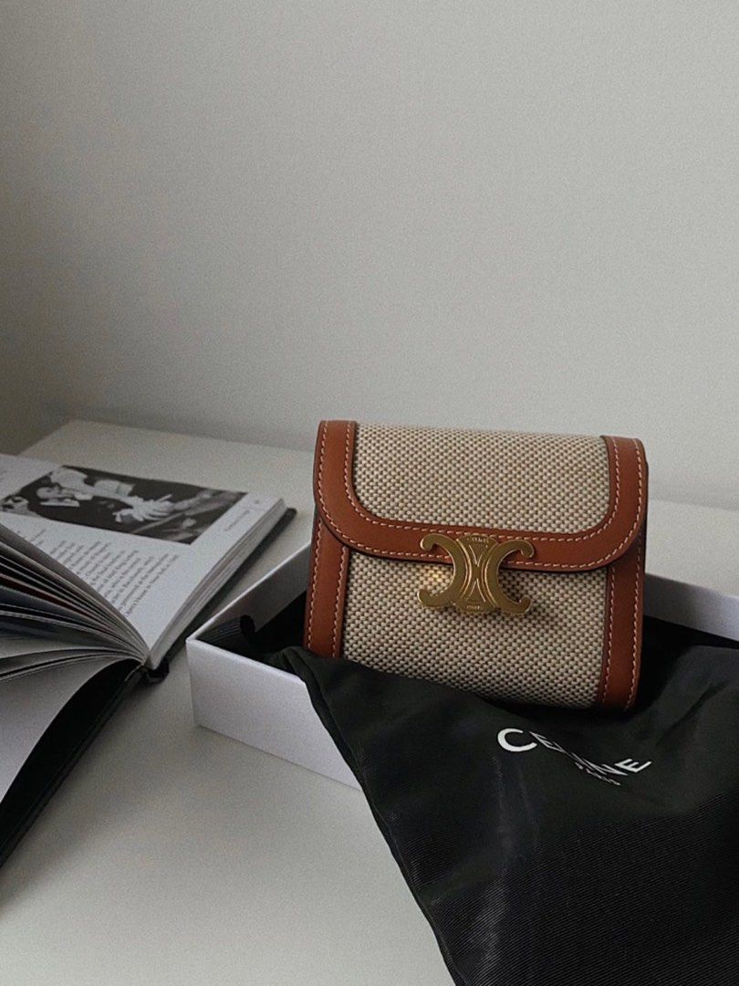 SMALL WALLET TRIOMPHE IN TEXTILE AND CALFSKIN NATURAL TAN