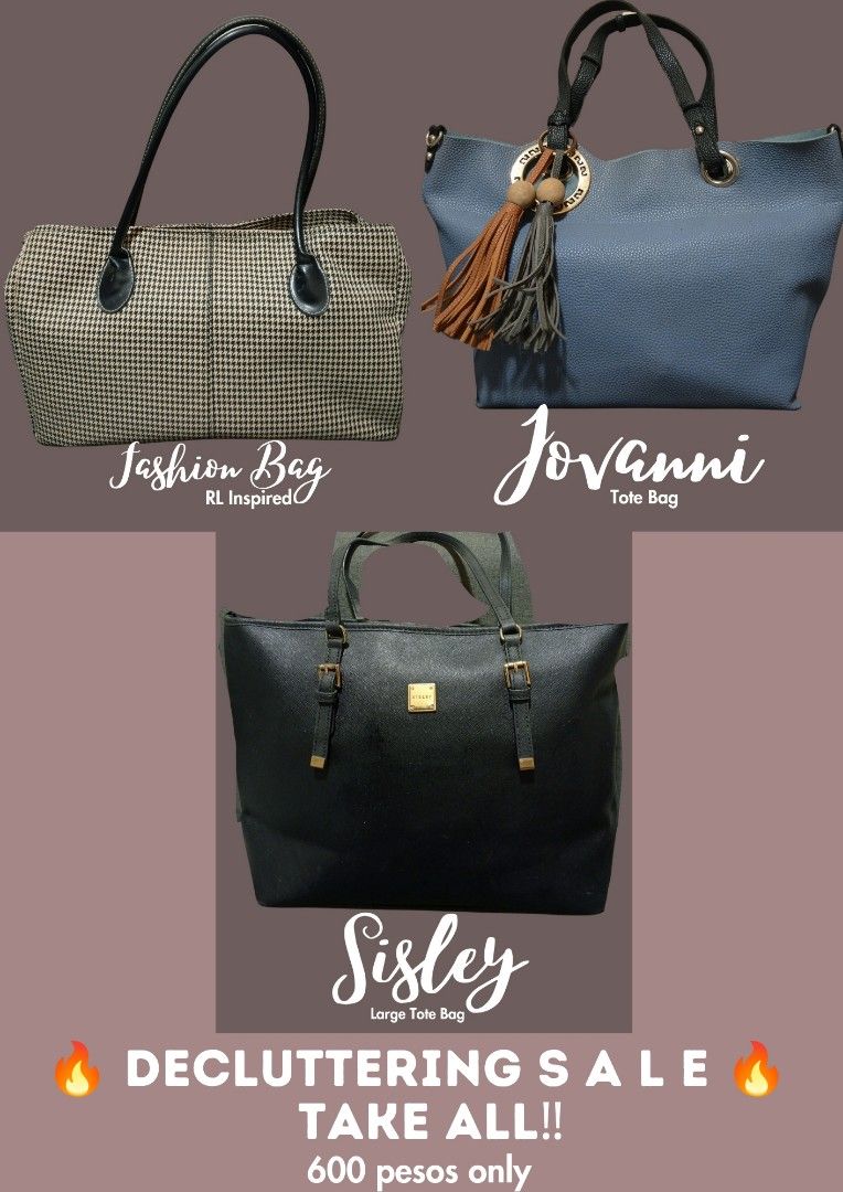 TAKE ALL BAGS!!! (Category: Luxury Bags & Wallets) located in Subic. Submitted by joannelima (Listing ID 1281401666, Image 1). Description: 🔥 DECLUTTERING S A L E 🔥 TAKE ALL‼️ Actual photo 💯 PRE-LOVED 💕 📍Sisley Tote Bag 📍Jovanni Tote Bag 📍Fashion Bag •No Rips! Just minor signs of normal usage. Has some dust stains but can be removed by wiping or washing✨.