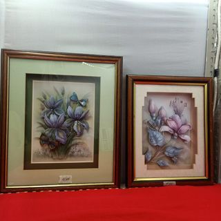 Vintage 8"x10 and 10"x12" wood shadow box frame with floral art P750 *F40