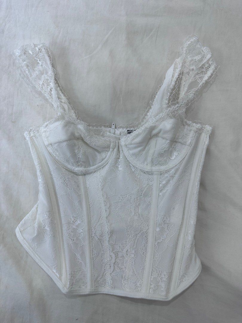 White Lace Printed Corset Top with Puff Sleeves