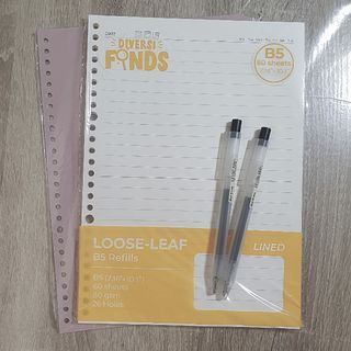 writing materials set (lined refill, dividers, muji pens)