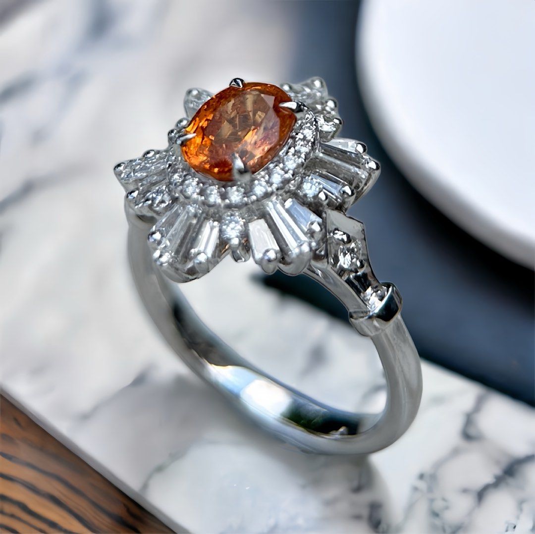 18k orange garnet diamond ring