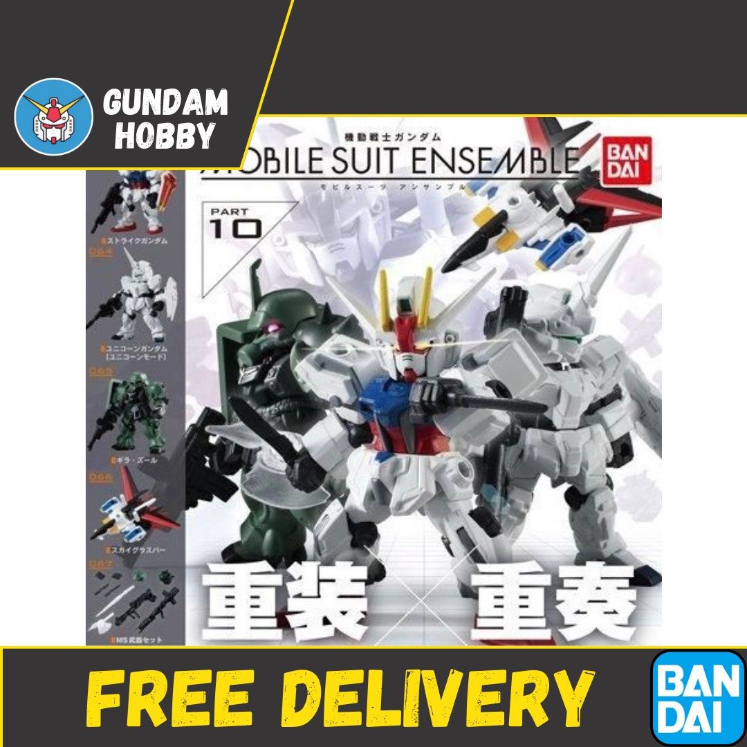 ⭐️ <MSE 10> Mobile Suit Ensemble Series 10 Part 10 - Gundam Strike / Gundam Unicorn / Geara Zulu (Set of 5) MSE10 Bandai Gachapon Gashapon (Category: Gundam Model Kits) located in Singapore. Submitted by gundamhobby (Listing ID 1240359513, Image 1). Description: Mobile Suit Ensemble Series 10 (Set of 5) • 063 : GAT-X105 Strike Gundam • 064 : RX-0 Unicorn Gundam (Unicorn Mode) • 065 : AMS-129 Geara Zulu • 066 : FX-550 Skygrasper • 067 : Equipment 