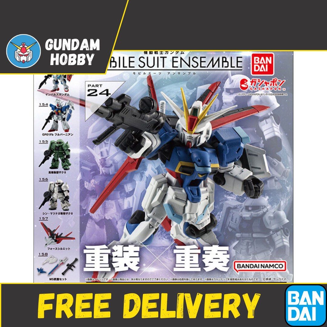 ⭐️ <MSE 24> Mobile Suit Ensemble Series 24 Part 24 - Gundam Impulse / Gundam FB01 / Zaku (Set of 6) MSE24 Bandai Gachapon (Category: Designer & Blind Box Toys) located in Singapore. Submitted by gundamhobby (Listing ID 1233626533, Image 1). Description: Mobile Suit Ensemble Series 24 (Set of 6） • 153: Impulse Gundam • 154: RX-78 GP01-Fb Gundam • 155: Zaku II Green • 156: Zaku II White • 157: ZGMF-X56S/a Force Silhouette Pack • 158: MS Equipment S