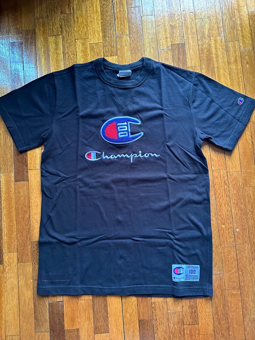 Black champion shirt blue writing on sale